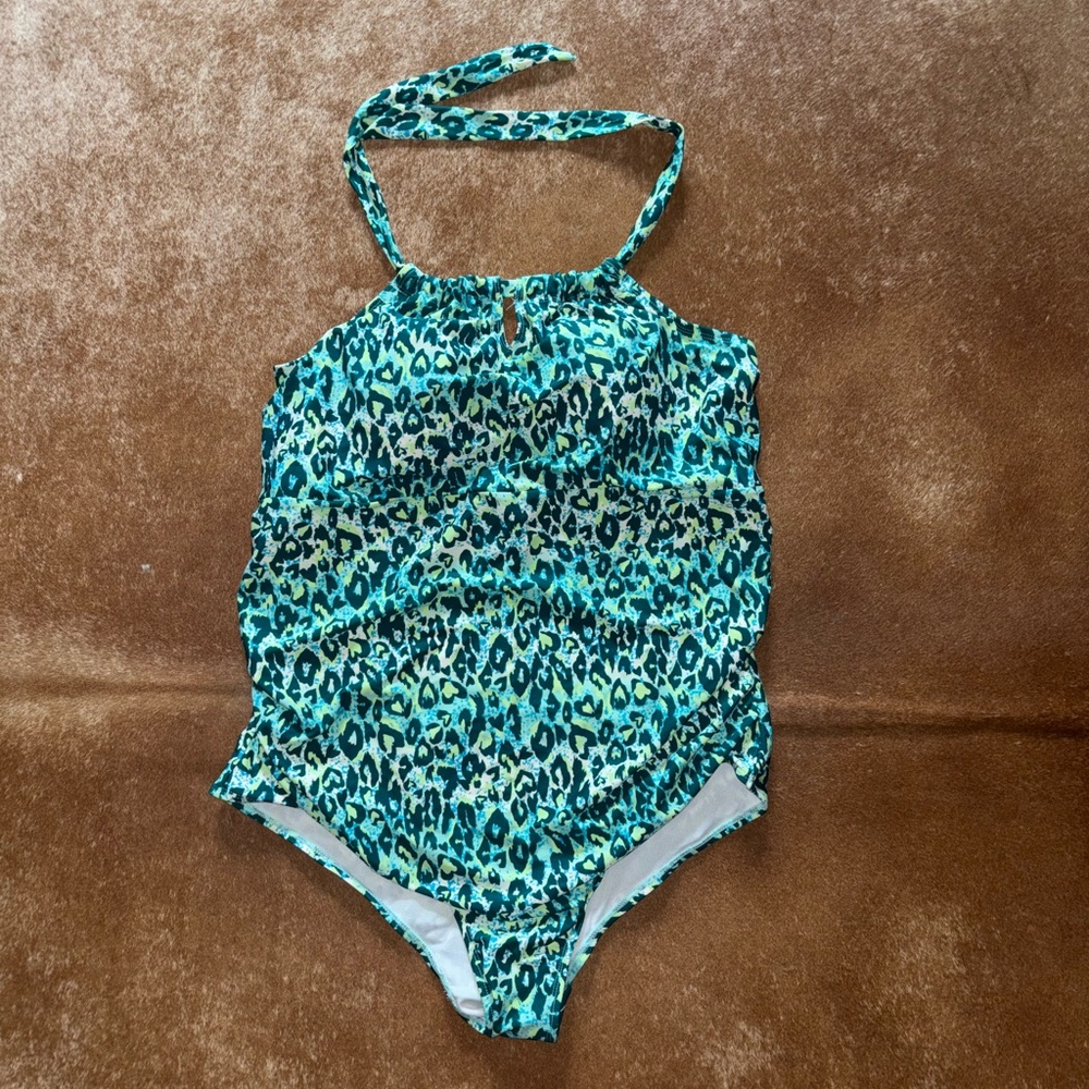 Serra Womens Swim One Piece in Blue and Green Leopard Print